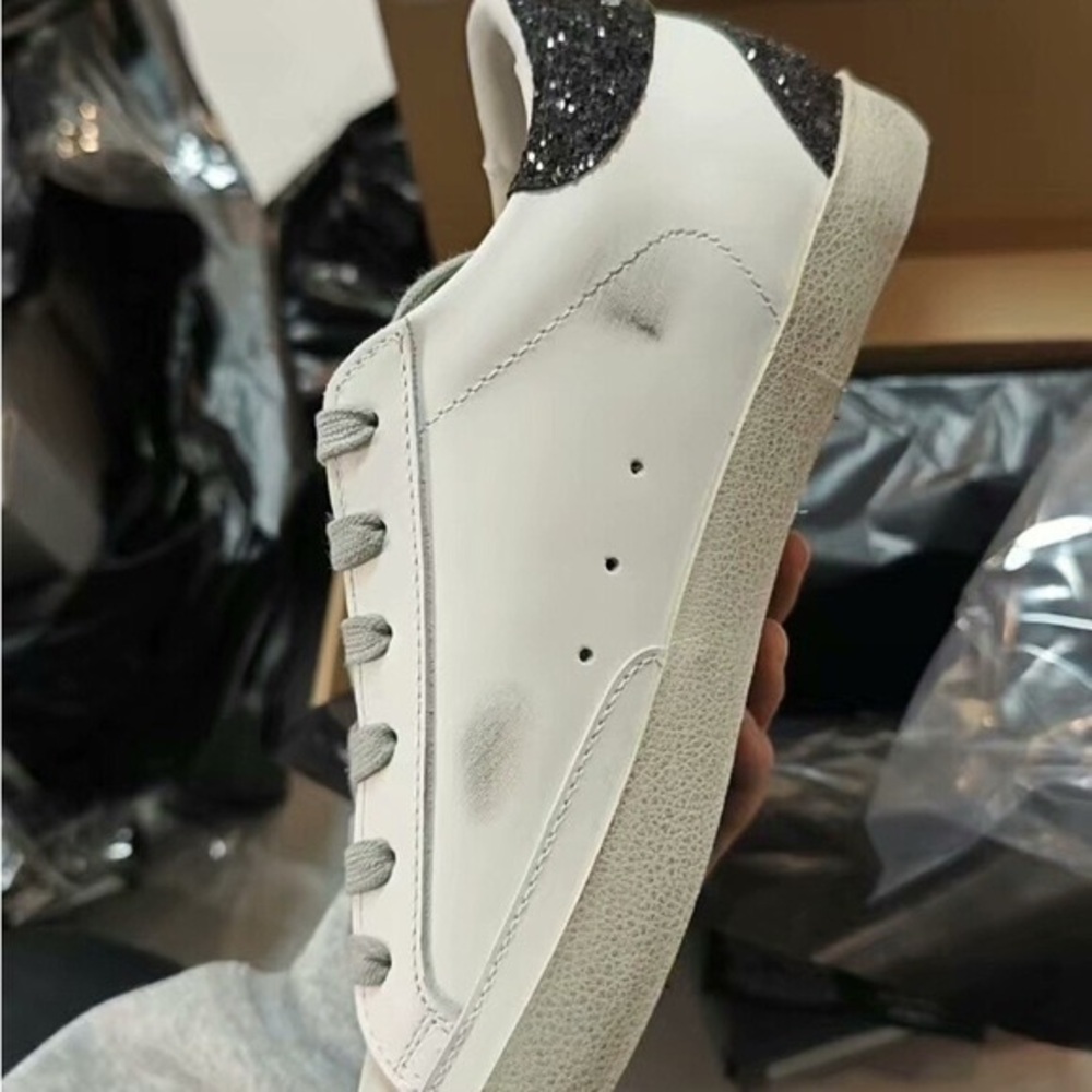 Golden Goose White Sneakers with Gold Star and Black Glitter Heel